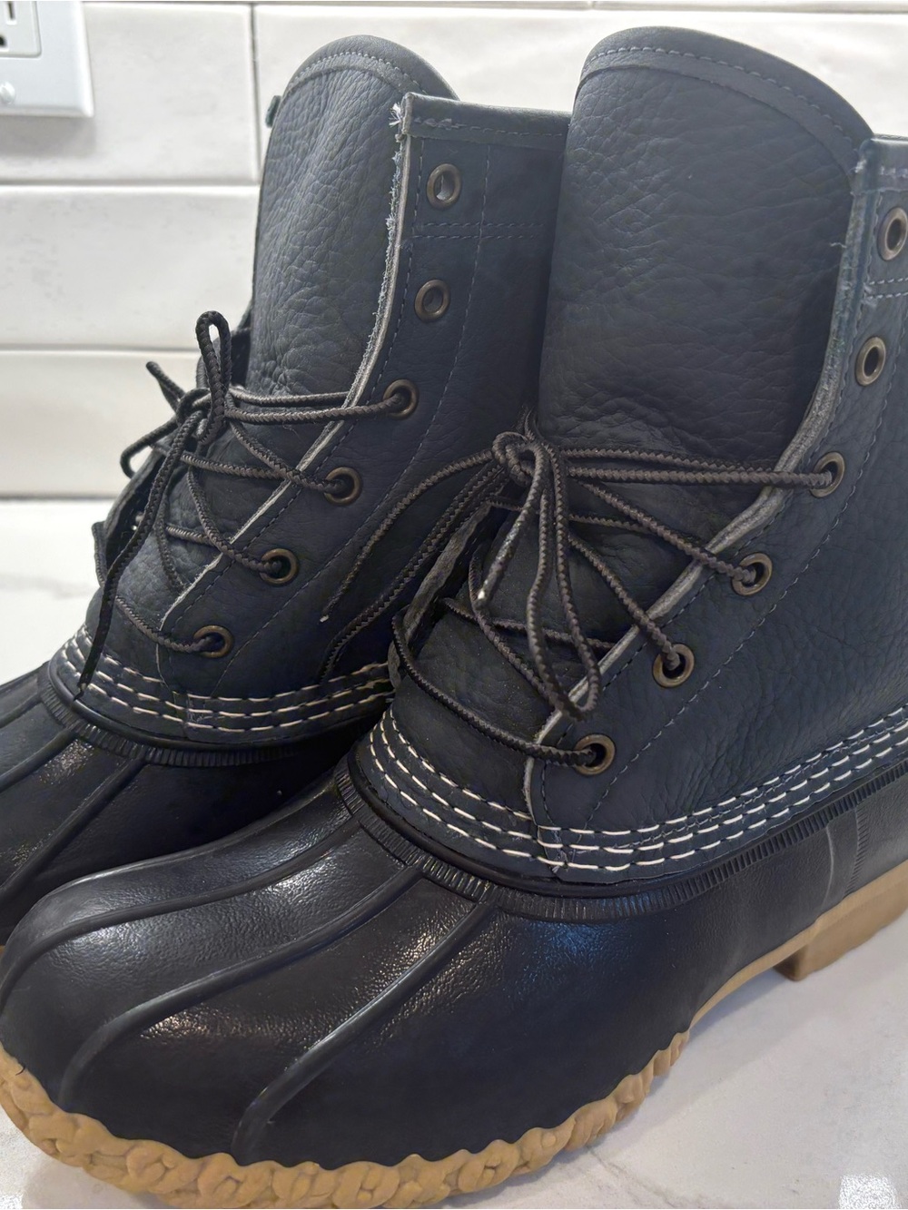 Woman’s LLBean Gray Lace-Up Boots. Like new, 8M. Blue/black plaid sherpa lining